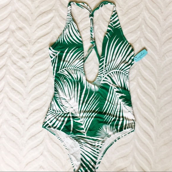 Cupshe One-Piece Swimsuit Green White Tropical - Picture 4 of 8